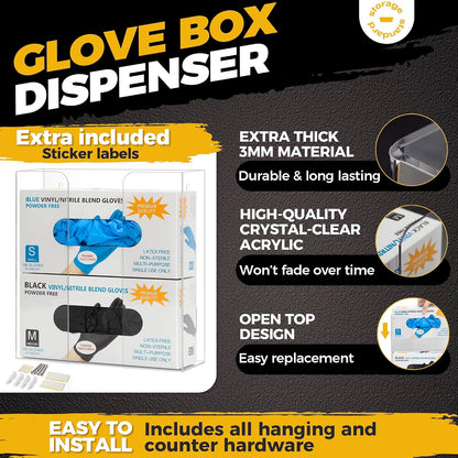Storage Standard Glove Box Holder Dispenser - Kitchen, Medical, & Latex Gloves Holder Wall Mount or Countertop, Universal Fit - Thick Acrylic, Easy to Use, Slide, & Load Open Top Design - Clear