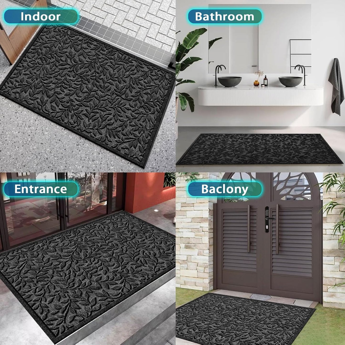 Bulijojo Sturdy Front Entrance Doormats,Durable Heavy Duty Welcome Mat,Thick Absorbent Natural Rubber Non Slip Mat,Easy Clean Entryway Mat 17x30 Inch Leaves Green