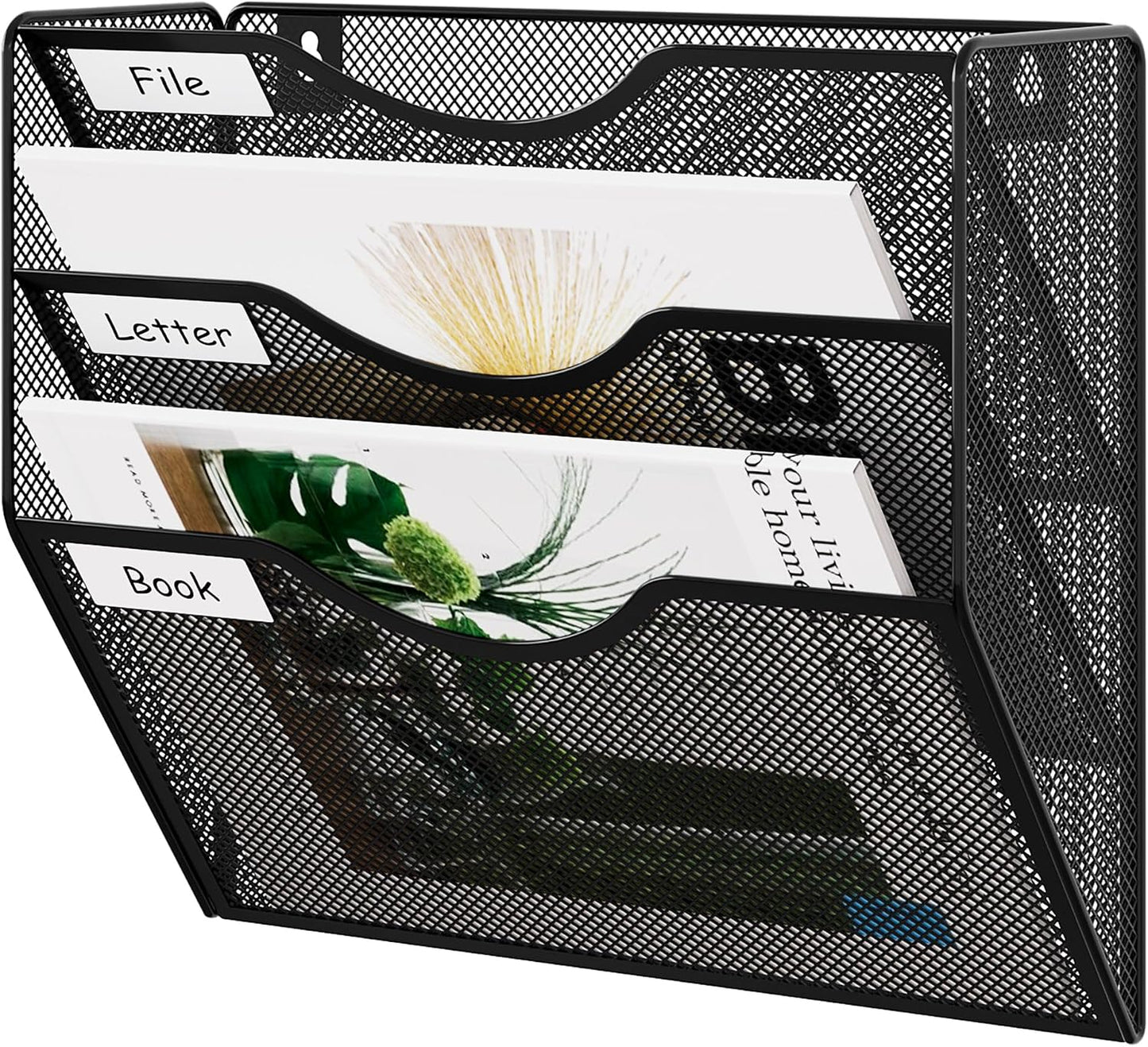 EasyPAG 5 Pocket Mesh Wall File Organizer with Key Hooks, Hanging Paper Folder Holder with Classify Label, Vertical Wall Mount Mail Organizer for Office Home Classroom, Black