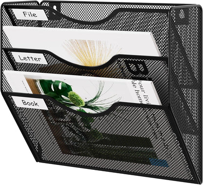EasyPAG 5 Pocket Mesh Wall File Organizer with Key Hooks, Hanging Paper Folder Holder with Classify Label, Vertical Wall Mount Mail Organizer for Office Home Classroom, Black