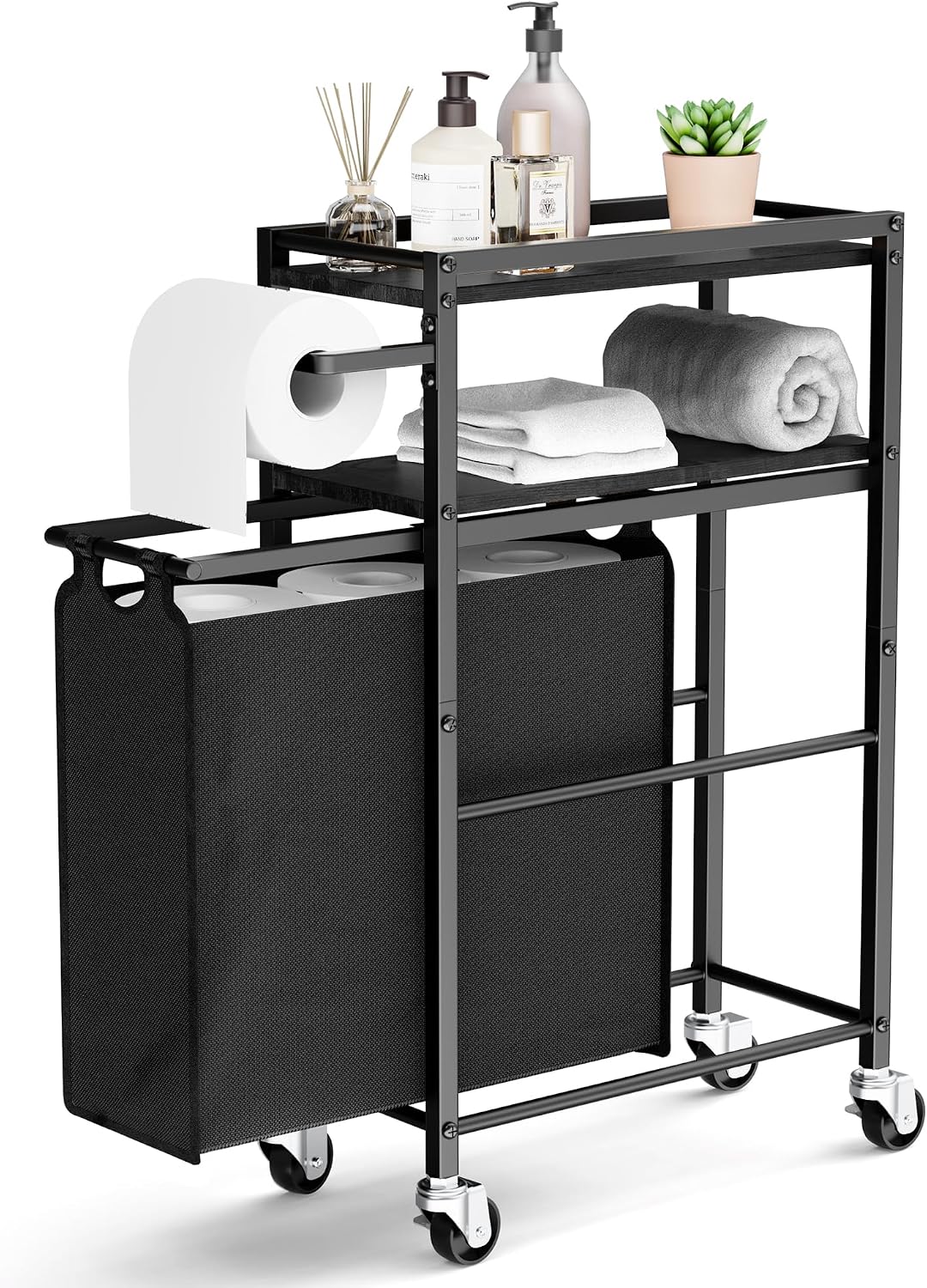 Toilet Paper Holder with Storage Bag & Wheels - Freestanding Bathroom Organizer Holds 9 Rolls for Small Spaces, Essentials Storage Beside Toilet-Brown