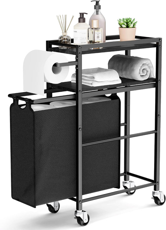 Toilet Paper Holder with Storage Bag & Wheels - Freestanding Bathroom Organizer Holds 9 Rolls for Small Spaces, Essentials Storage Beside Toilet-Brown
