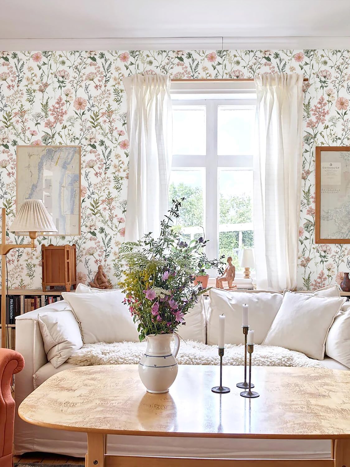 Orainege Pink Floral Peel and Stick Wallpaper Removable Self Adhesive Wallpaper 16.9inx118.1in Modern Wall Paper for Bedroom Bathroom Green Leaf Contact Paper for Cabinets