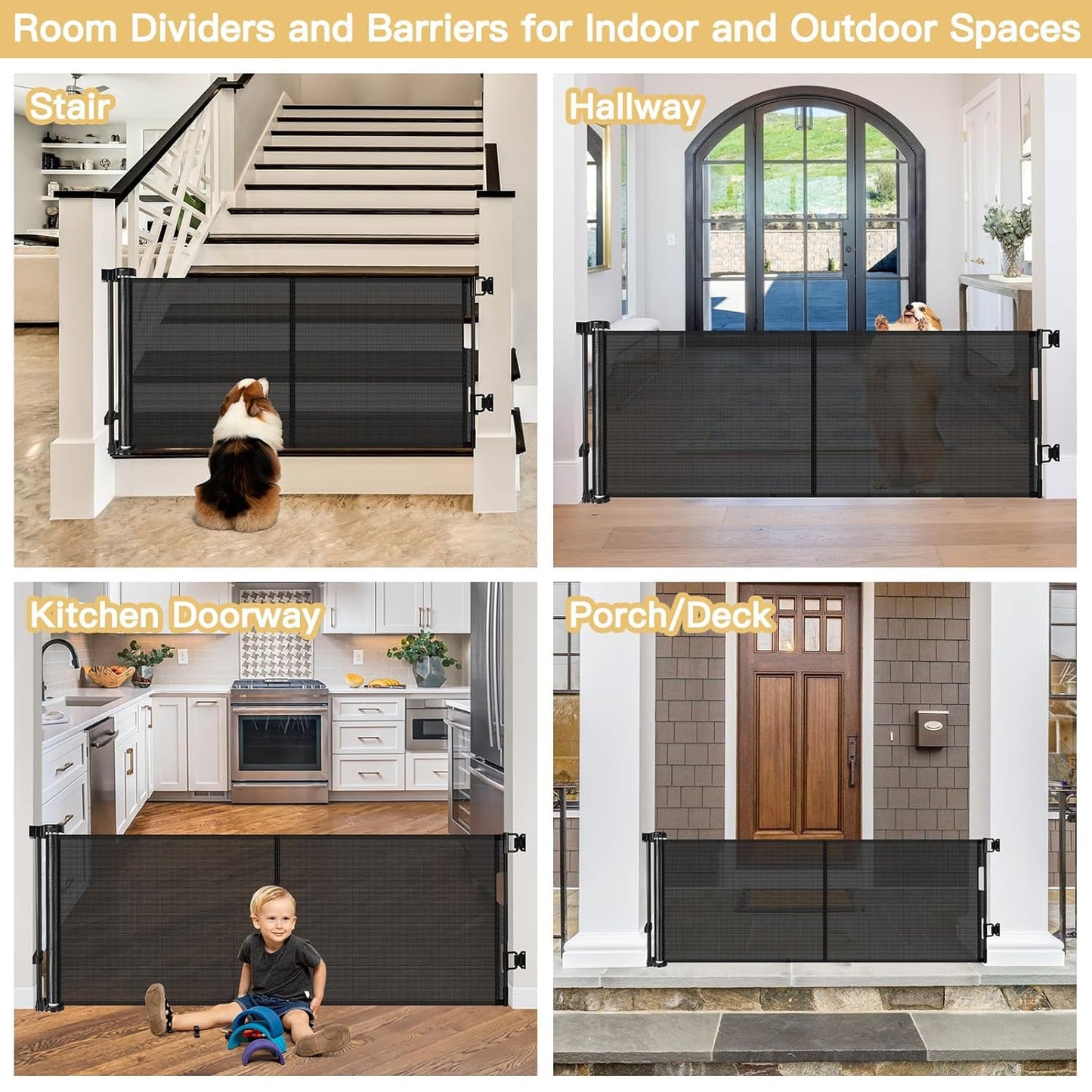 Reinforced 28-Inch Tall Retractable Baby Gates for Doorways, Walk Through Pet Gate for Stairs, Short Baby Gate with Support Rods, 55 Inch Wide Mesh Gate Retractable Gate Small Dog Gate, Gray