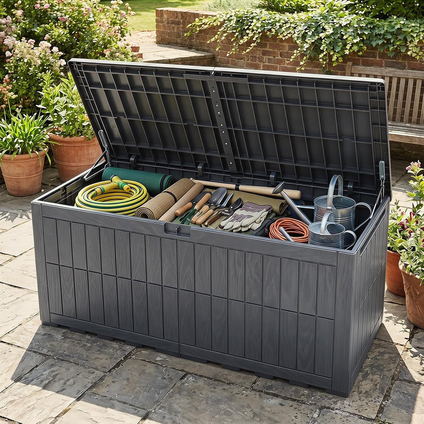 Tangkula 25 Gallon Waterproof Outdoor Storage Box with Lockable Lid | PP Resin, Wicker Patterned, Indoor Outdoor Use, Portable, Versatility, for Deck, Pool, Patio Cushions, Garden Tools