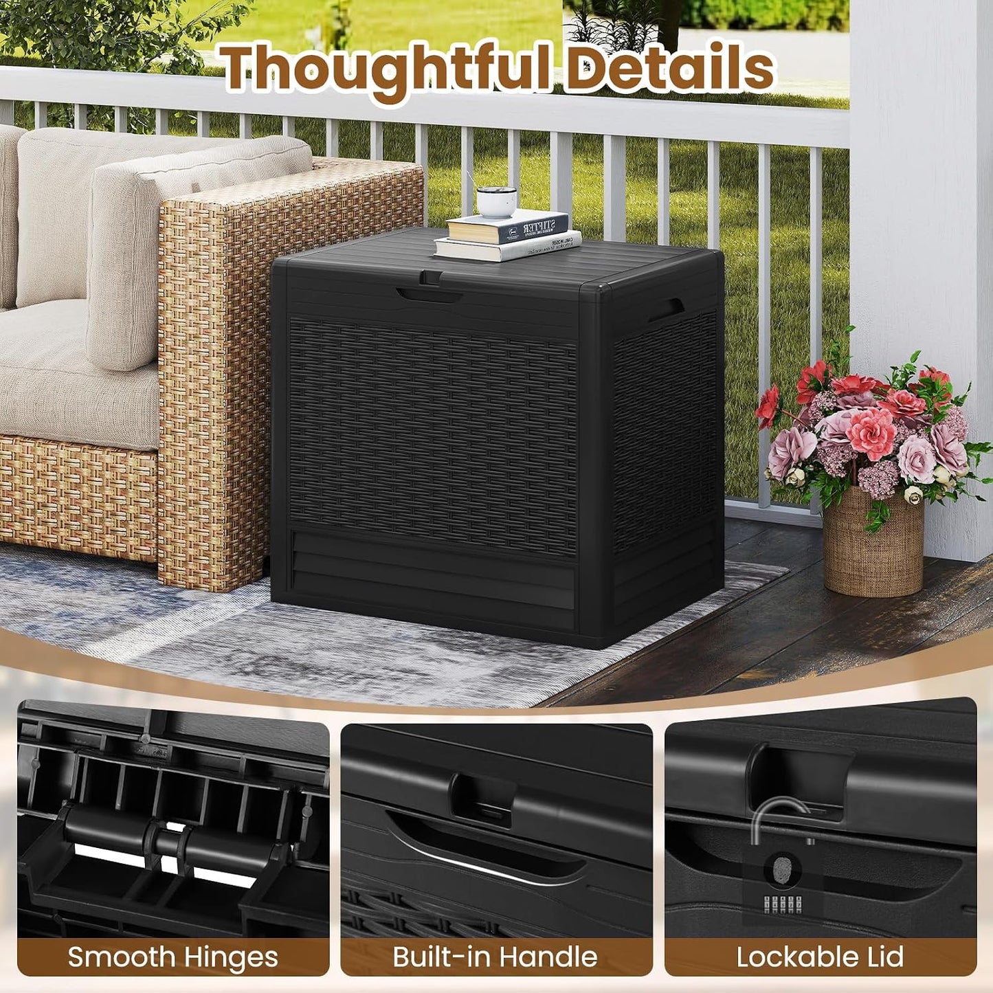 Tangkula 25 Gallon Waterproof Outdoor Storage Box with Lockable Lid | PP Resin, Wicker Patterned, Indoor Outdoor Use, Portable, Versatility, for Deck, Pool, Patio Cushions, Garden Tools