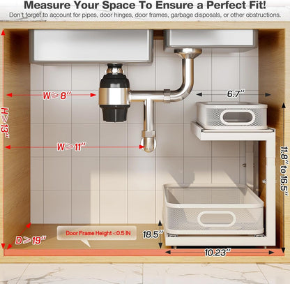 2-Pack Under Sink Storage Organizer with 2-Tier Slide Out Drawer, Sophisticated Mesh Pull Out Shelf for Kitchen & Bathroom, Fits Small Items, Upgraded Arched Track for Smooth Gliding(Patented)