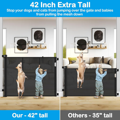 42 Inch Extra Tall Retractable Baby Gates with Reinforced Strips 55 Inch Wide Outdoor Retractable Dog Gate No Sag Extra Tall Baby Gate for Doorway Anti-Scratch Mesh Gates for Kids or Pets, White