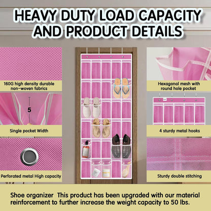 Kotkn Over the Door Shoe Organizer with 30 Breathable Mesh Pockets - Large Capacity Closet Storage for Men & Women, Hanging Shoe Rack Organizer (Gray)