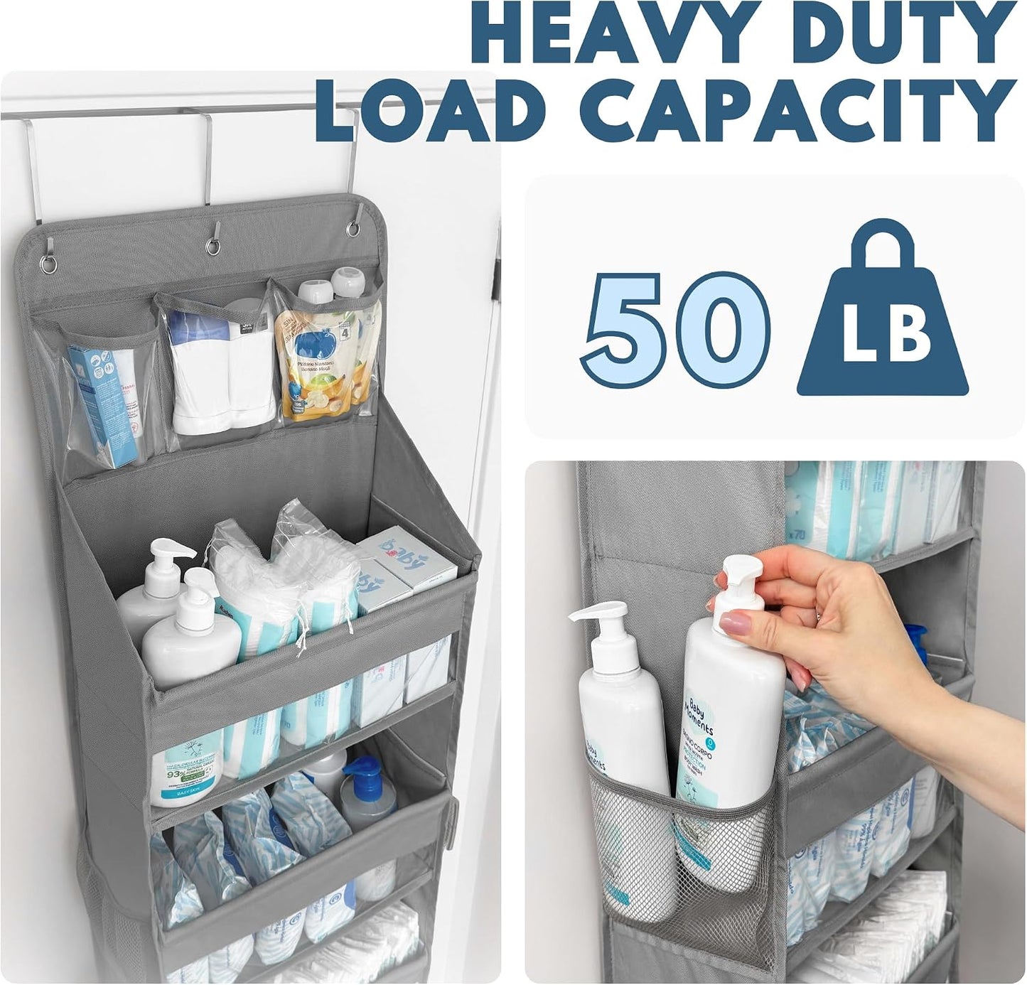 Over The Door Organizer with 5 Large Pockets, 5-Tier Hanging Storage | 5 Large & 6 Side Pockets, Behind Door Storage, 50 lbs Capacity, For Closet, Nursery, Bathroom