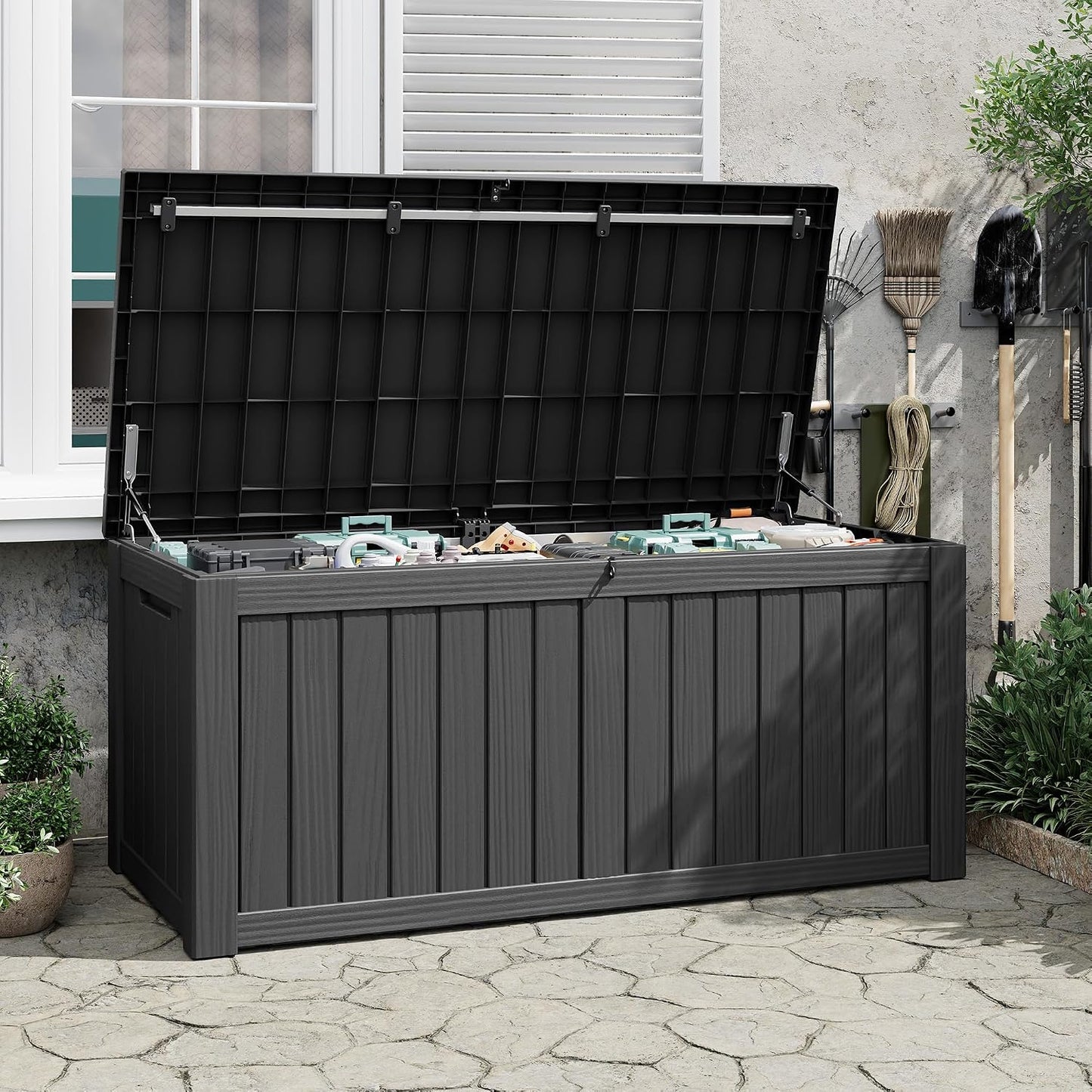 Outdoor Storage Box, 45 Gallon Deck Box with Lockable Lid, Waterproof Resin Storage Bin for Cushions, Garden Tools, Patio Furniture, Grey