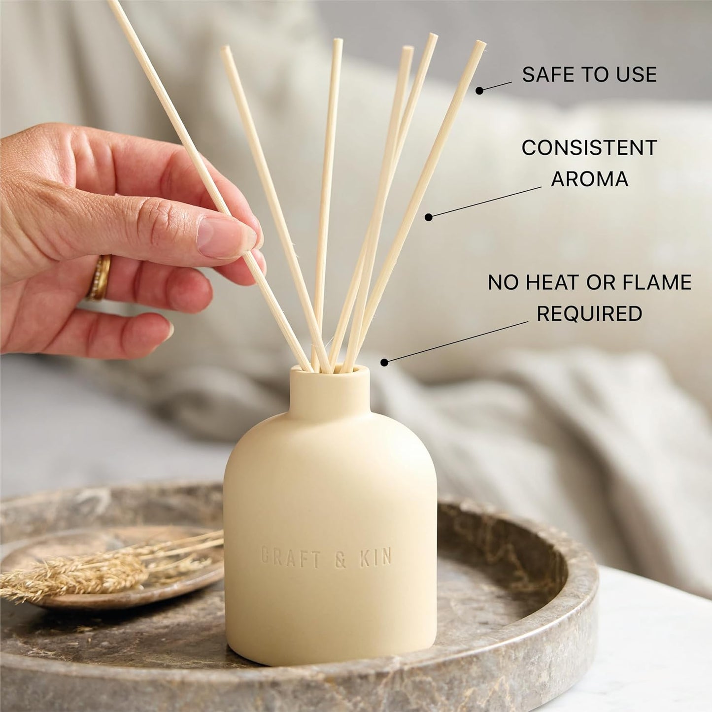 Craft & Kin Reed Diffuser for Home & Bathroom – Neroli & Jasmine Holiday Reed Diffuser Set with Fragrance Sticks, Long-Lasting Alcohol-Free Winter Scent, Earthenware Collection, 6.7oz