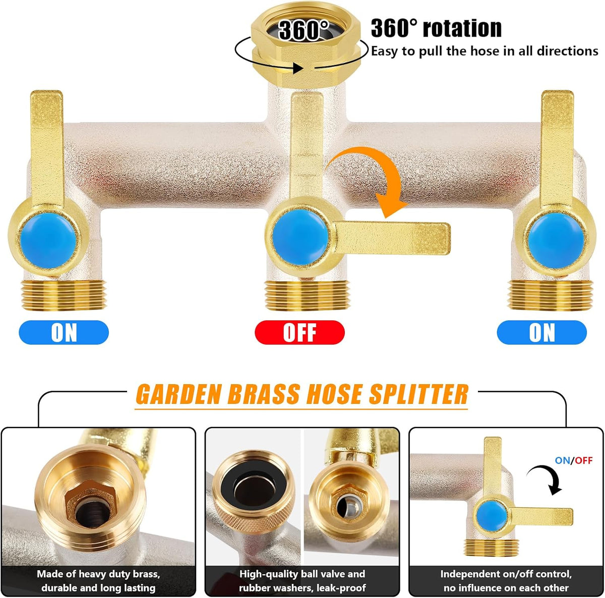 Upgraded Brass Garden Hose Splitter, 3/4" Hose Splitter 2 Way Heavy Duty with Extension Handles, Outdoor Faucet Splitter Water Spigot Splitter with Individual On/Off Valve