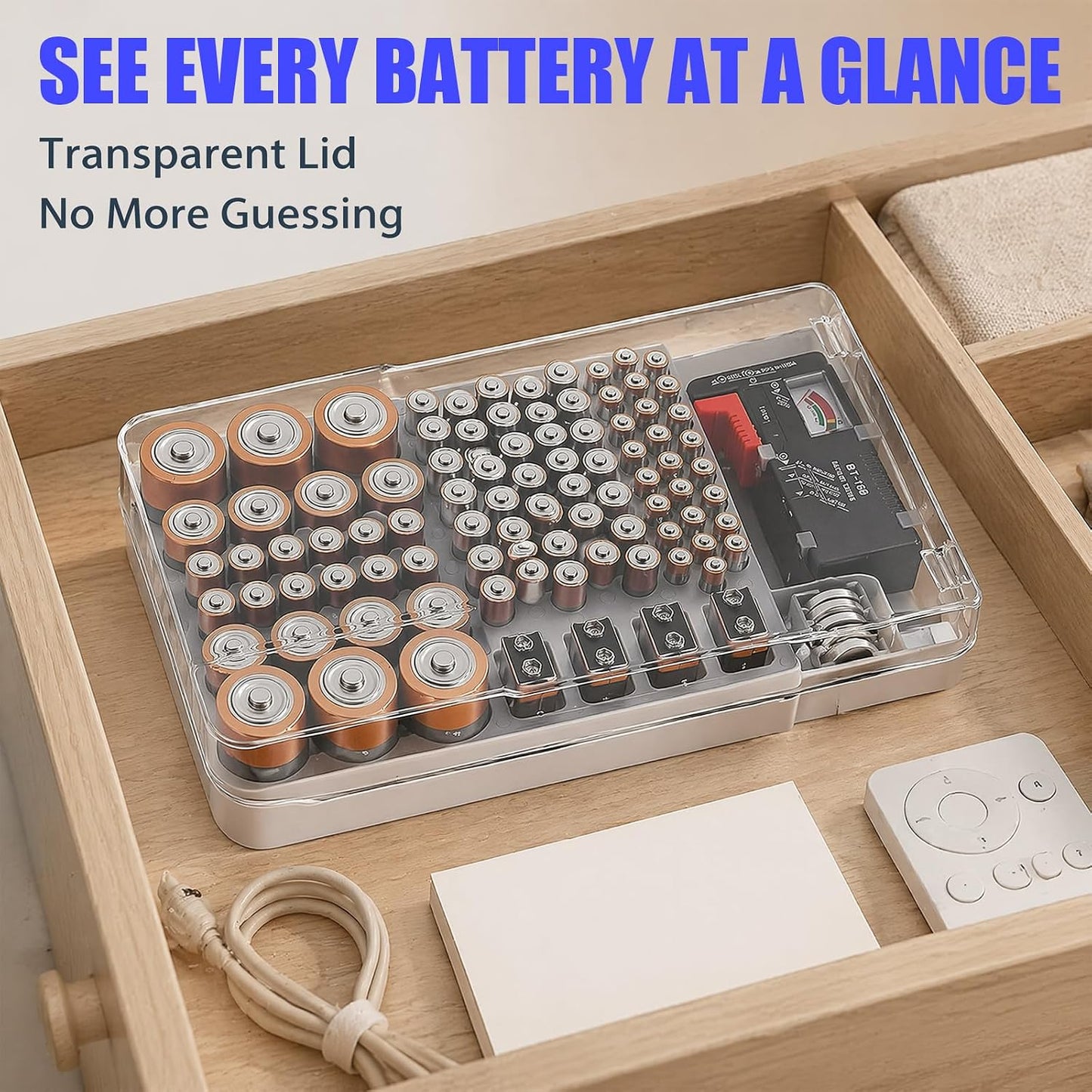 Battery Organizer Storage Case with Tester,Clear Lid Battery Storage Organizer,Holds 93 Batteries Battery Storage Box Battery Carrying Case（Batteries are Not Included）