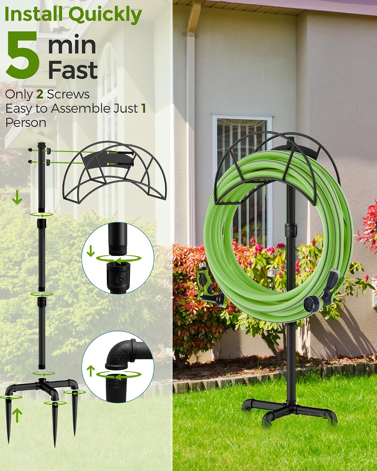 LAND·VOI Freestanding Garden Water Hose Storage Holder Stand for Outside, 160-Ft Hose Heavy Duty Metal Hanger Reel Organizer Outdoor Yard Lawn, Standing Keeper Rack with Ground Stake, Black GHH01B