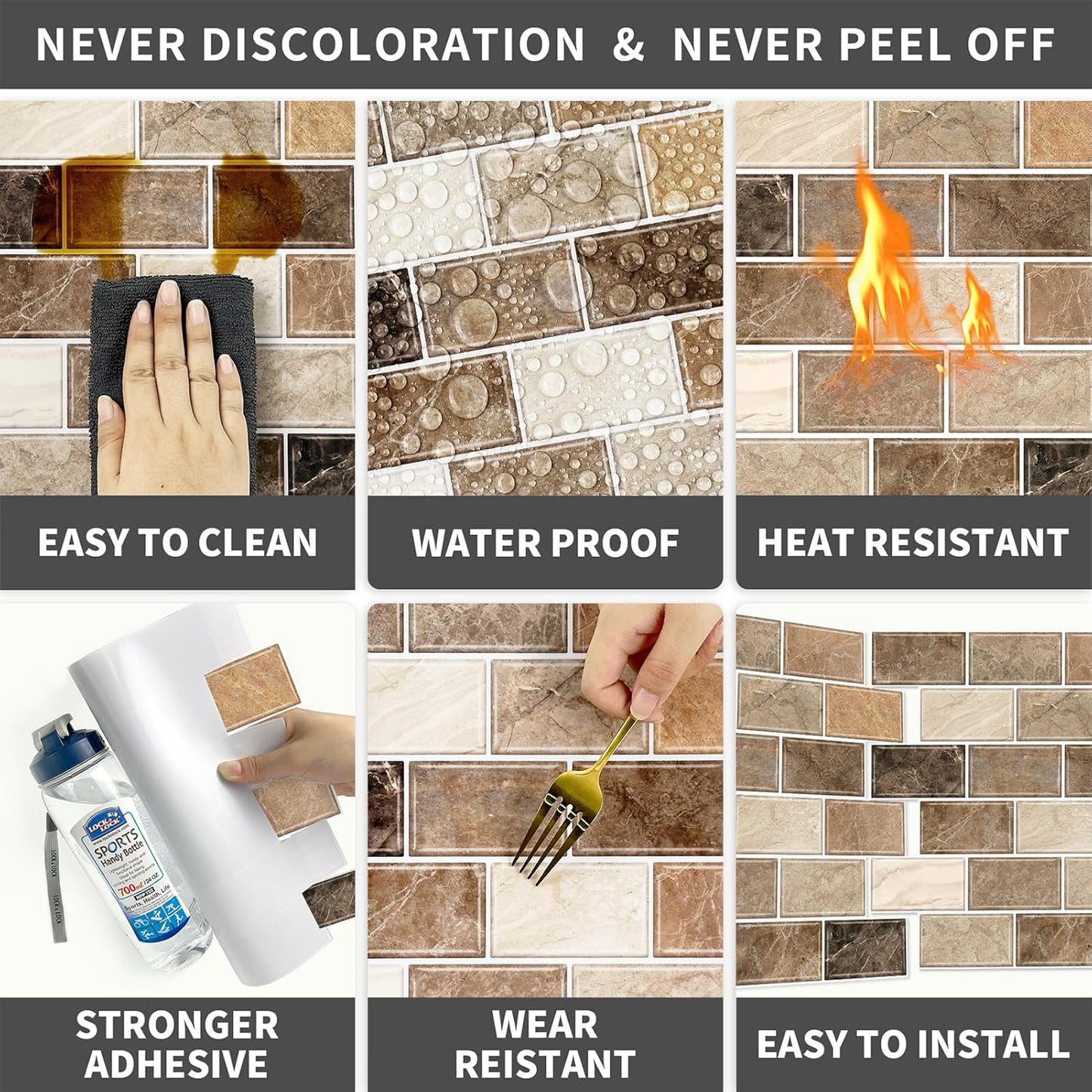 URCOLOR 10-Sheet Stick on Backsplash for Kitchen,12"x12" Peel and Stick Self Adhesive Wall Tiles Back Splashes for Bathroom Brown Marble Look