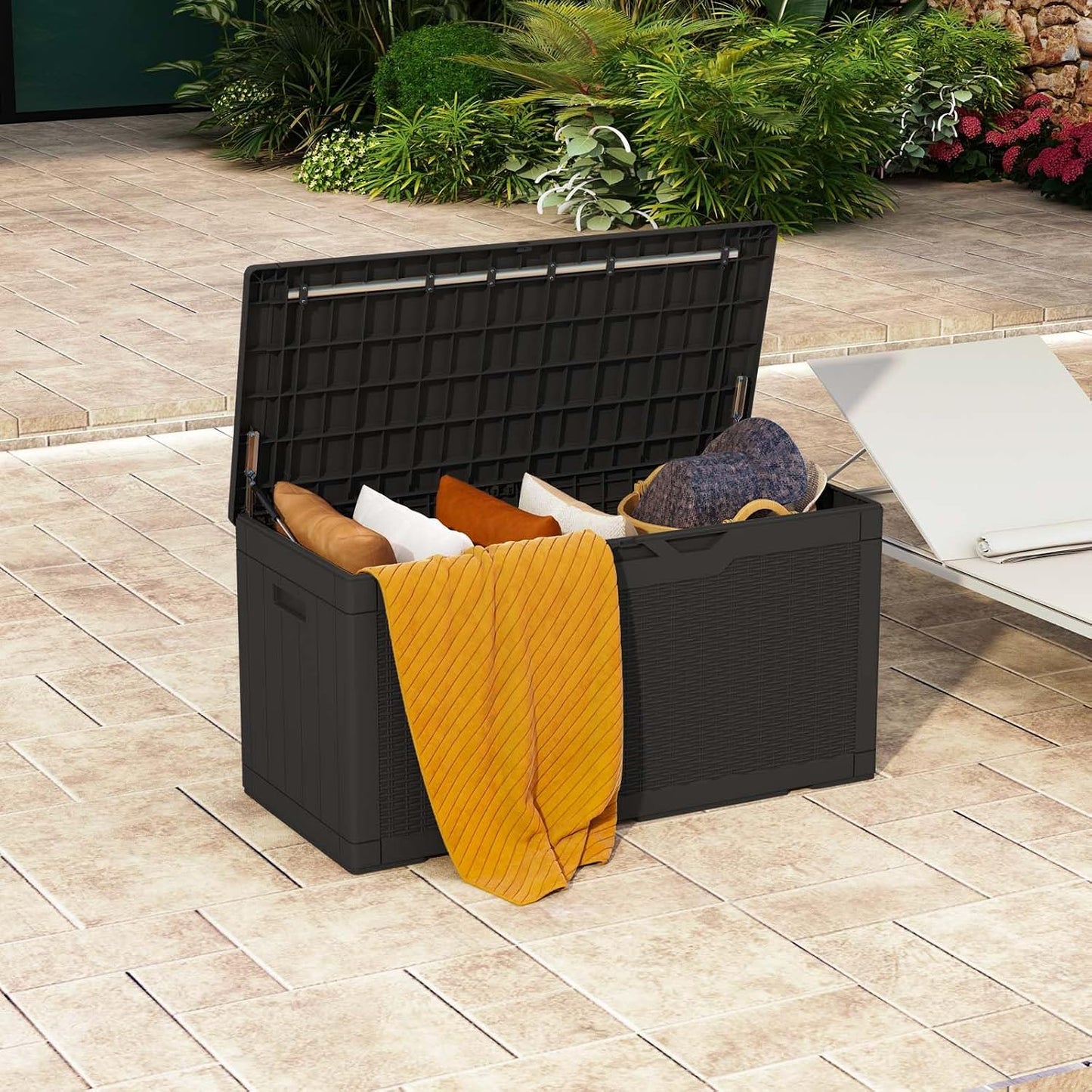 Patiowell 100 Gallon Resin Deck Box, Waterproof Large Outdoor Storage Box for Patio Furniture and Garden Tools, Black