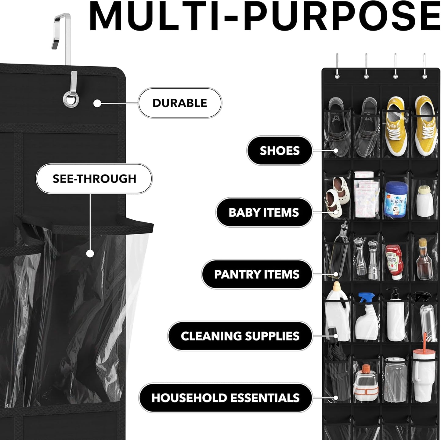 Simple Houseware 24 Pockets - Crystal Clear Over The Door Hanging Shoe Organizer, Gray (64'' x 19'')