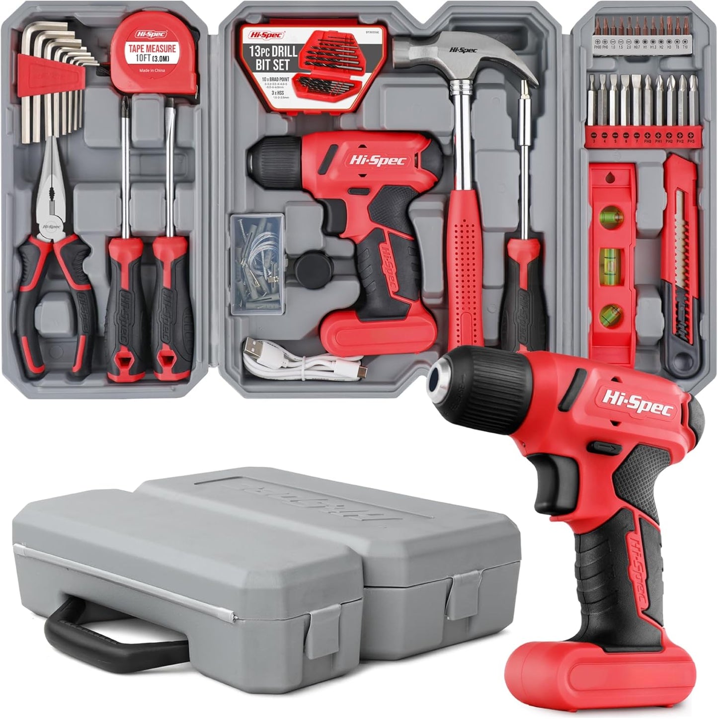 Hi-Spec Pink Tool Set with 8V Drill Set. Complete Cordless & Rechargeable USB Electric Drill Driver Kit for Women, Home DIY Repair & Maintenance, in a Compact Toolbox.