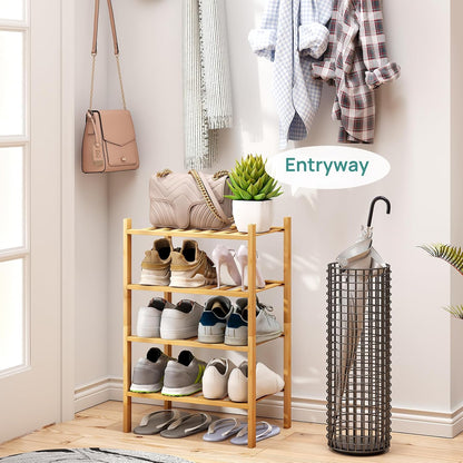 viewcare 3-Tier Black Bamboo Shoe Rack for Entryway, Stackable | Foldable | Natural, Shoe Shelf Storage Organizer for Hallway Closet, Free Standing Shoe Racks for Indoor Outdoor