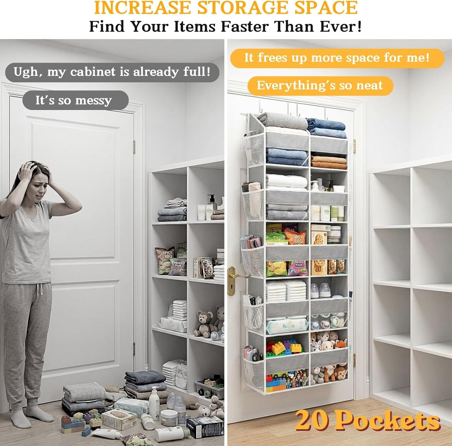 Over The Door Organizer, 5-Tier Extra Large Behind Door Storage with 10 Big Front & 10 Mesh Pockets, 80lb Capacity, Hanging Storage Organizer with Clear Window Kids Toys, Shoes, Diapers, Light Grey