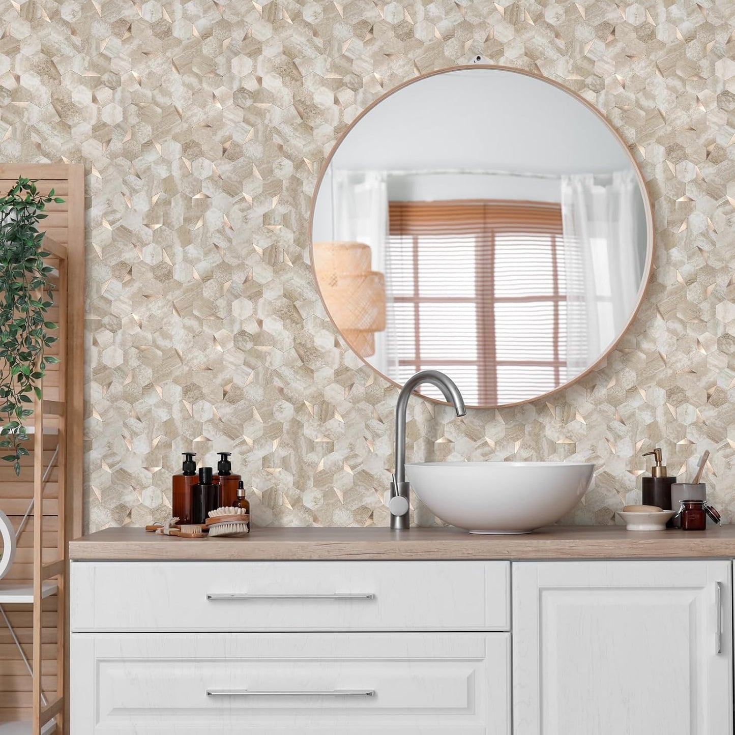 10-Sheet Heavy-Duty Hexagon Peel and Stick Backsplash, Thick Waterproof &Heat Resistant Stick on Wall Tiles, Slate Beige Mosaic for Kitchen & Bathroom, Strong Adhesive Permanent PVC Tiles