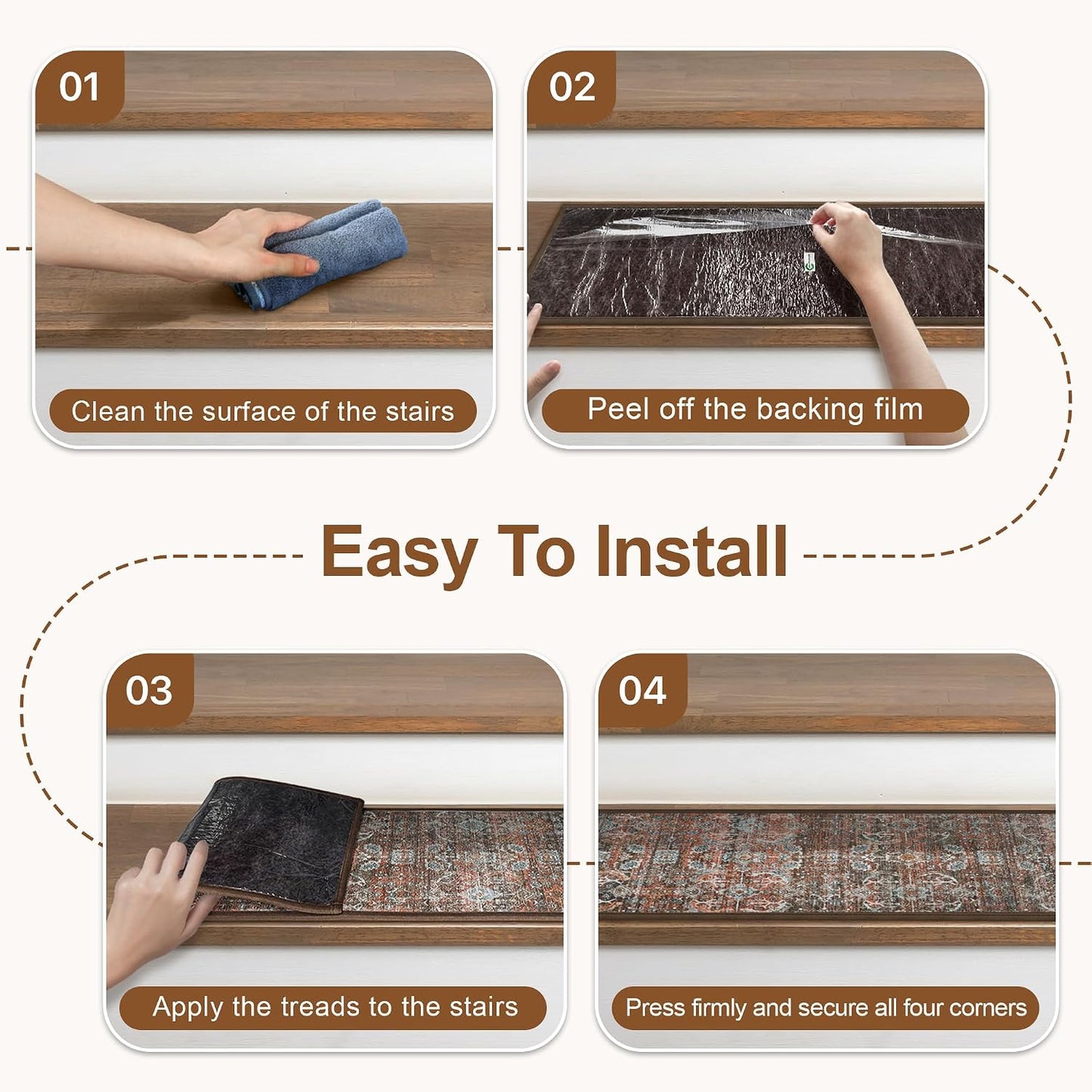 sarben Non Slip Stair Treads for Wooden Steps 15PCS - 8"x30" Indoor Safety Carpet, Edging Mats with TPE Adhesive Backing, Pet and Elderly Friendly Stair Rugs (Taupe) - Colors A