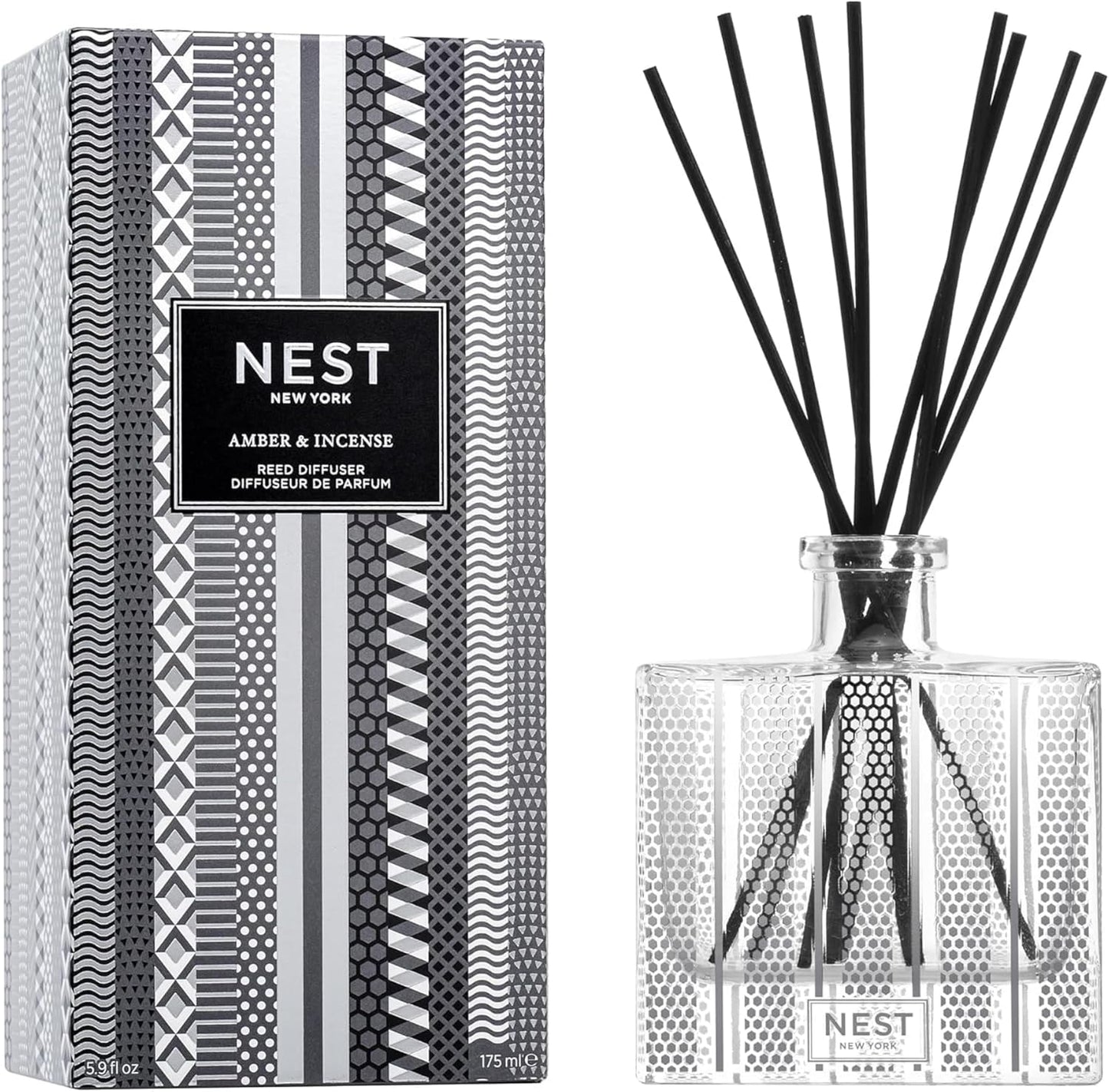 NEST New York Reed Diffuser, Moroccan Amber - 5.9 fl oz - Fragrance for Up to 90 Days - Reusable, Refillable Glass Holder - Includes 8 All-Natural Reed Sticks - Flame Free