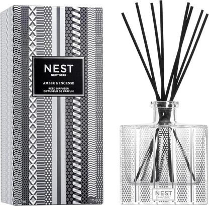 NEST New York Reed Diffuser, Moroccan Amber - 5.9 fl oz - Fragrance for Up to 90 Days - Reusable, Refillable Glass Holder - Includes 8 All-Natural Reed Sticks - Flame Free