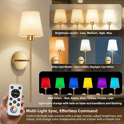 IRONPAX Wall Sconces Battery Operated Set of 2, Wireless Rechargeable Wall Sconce Set of Two, Dimmable Wall Lights with Remote for Bedroom Living Room Hallway Decor (Gold, Fabric Shade)