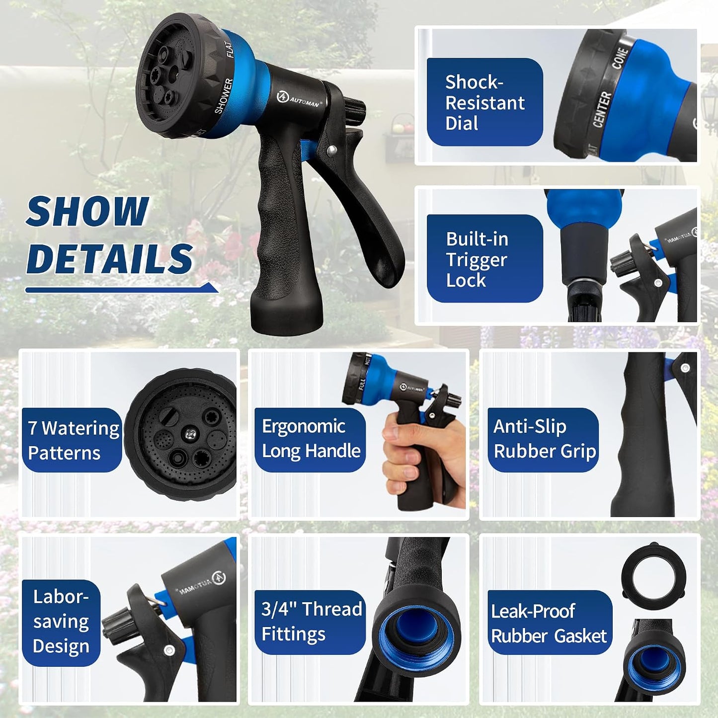 AUTOMAN Garden Hose Nozzle - 2 Pack, 100% Metal High Pressure Spray Nozzle, Labor-Saving Design, Heavy Duty for Garden Watering, Car Washing, Window Cleaning, Pets Bathing
