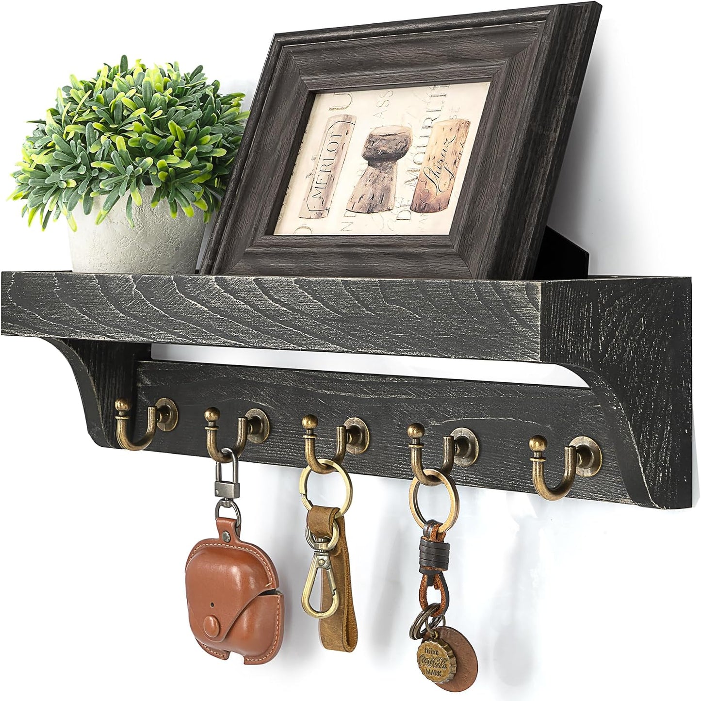 Rebee Vision Farmhouse Key Holder for Wall - Decorative Wooden Mail Organizer with 5 Rustic Key Hooks and Floating Shelf for Home Decor, Hallway, Entryway, Appartment (Retro Brown)