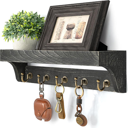 Rebee Vision Farmhouse Key Holder for Wall - Decorative Wooden Mail Organizer with 5 Rustic Key Hooks and Floating Shelf for Home Decor, Hallway, Entryway, Appartment (Retro Brown)