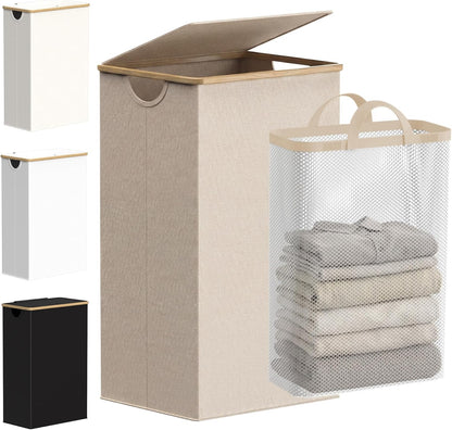 efluky Slim Laundry Basket with Lid, Narrow Laundry Hamper with Removable Bag, Skinny Dirty Clothes Basket with Bamboo Handles for Bathroom, Bedroom & Laundry Room, 75L Beige