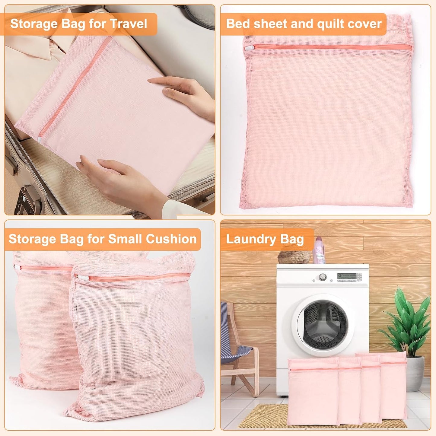 4-Piece Pink Medium Durable Organic Cotton Mesh Laundry Bags with Sturdy Zippers and Breathable Mesh are Delicate Laundry Bags for Underwear, Clothes, Pants and Socks