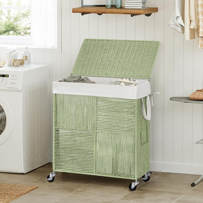 WOWLIVE Double Laundry Hamper with Lid, Handwoven Rolling Laundry Basket with Wheels, 115L Dirty Clothes Hamper with Removable Liner Bag Large Capacity Laundry Sorter Laundry Room Organization,Natural