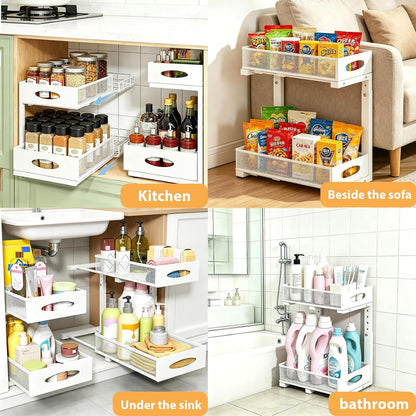 2 Pack Under Sink Organizer, 3-Tier Pull Out Kitchen Cabinet Organizer with 5 Adjustable Heights Metal Slide Out Bathroom Storage Makeup Drawer Rack for Bedroom Office Pantry Home Organization, White