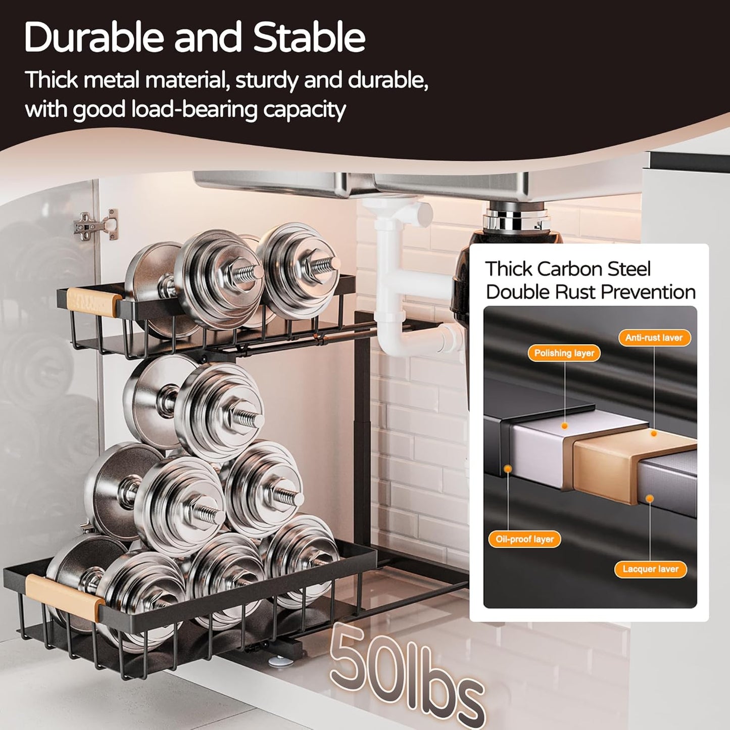 ADBIU Under Sink Organizer 2 Pack, Adjustable Height (11"-15.75") Under Cabinet Storage, 2 Tier Pull Out Sliding Drawers for Kitchen Bathroom, Heavy Duty Metal Shelf, White