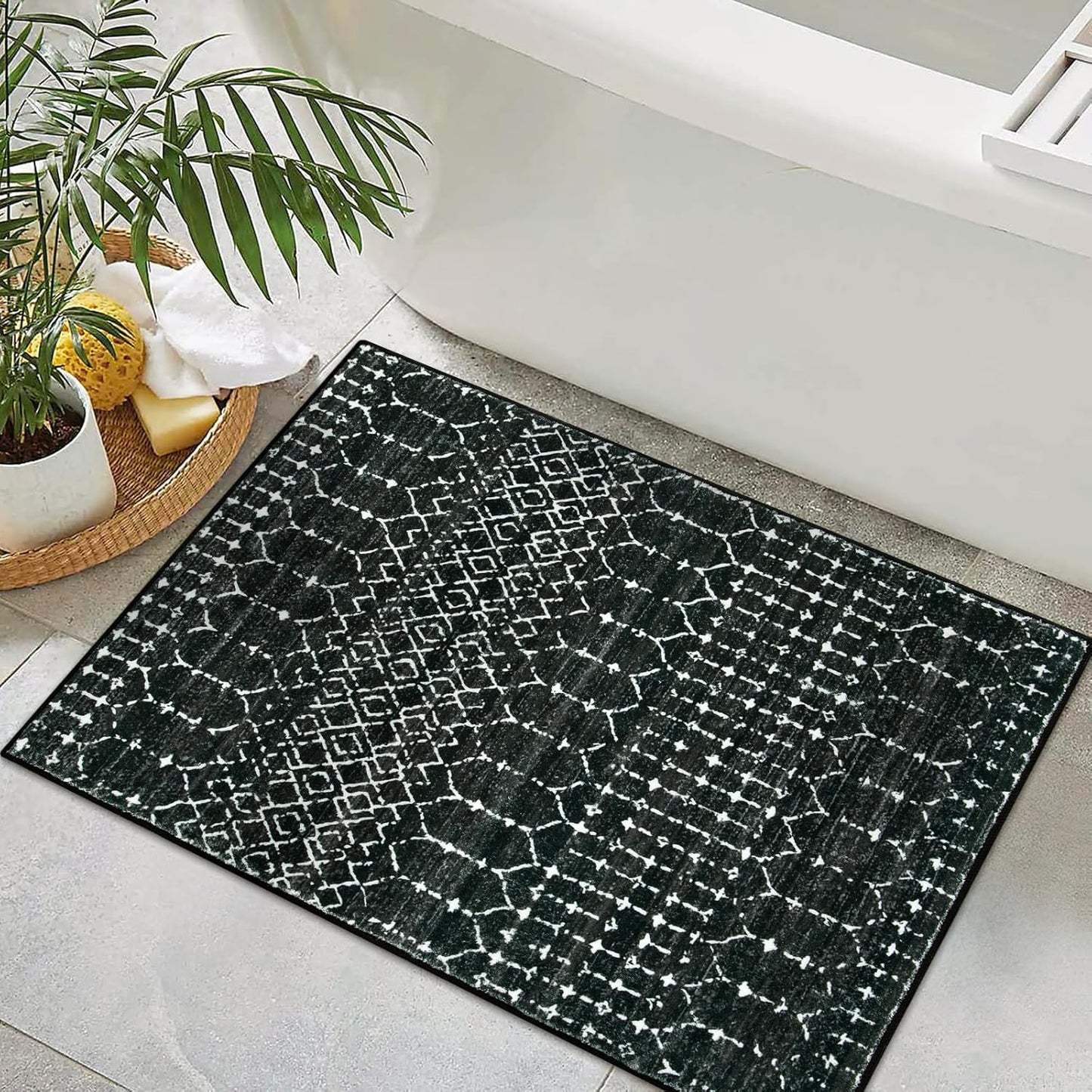 Lahome Moroccan Entry Rug 2x3, Non-Slip Washable Front Indoor Door Mat Rubber Backing Low-Profile Door Rugs, Small Geometric Print Distressed for Entryway Bathroom Kitchen, Black Hana