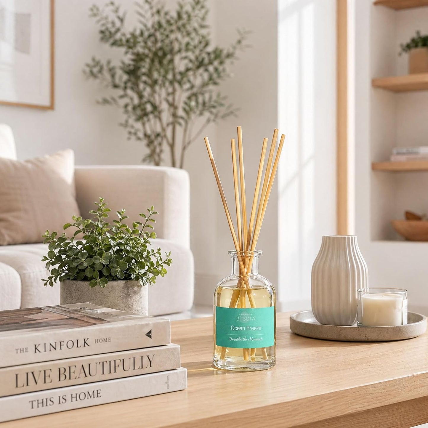 Natural Reed Diffuser Set, Fresh Lemon 3.52 oz (100ml) Scented Diffuser with Sticks Home Fragrance Reed Diffuser for Bathroom Shelf Decor, Ideal Gift for Woman