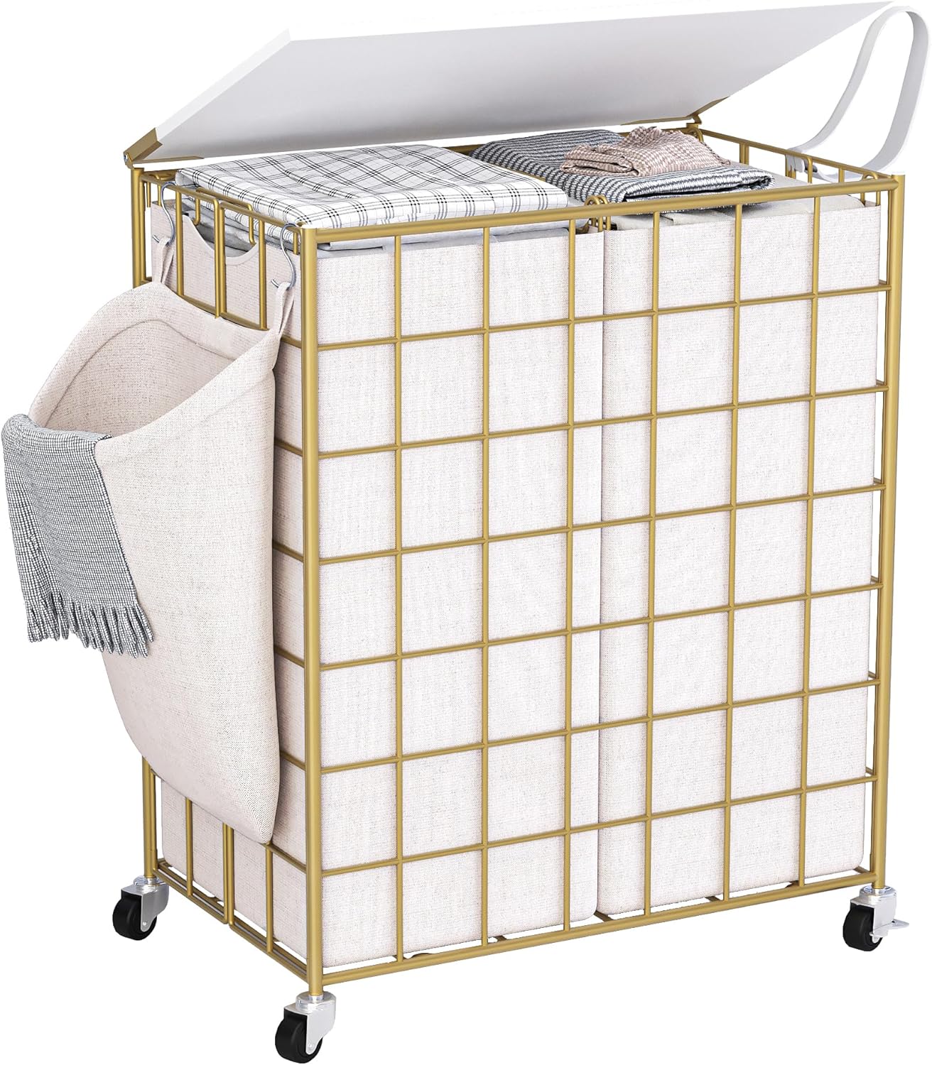 Laundry Basket with Wheels, Heavy Duty Laundry Sorter 2 Sections, 120L (32Gal.) Large Capacity Laundry Hamper with Wood Lid, 360 Rolling Wheels, Extra Side Pocket, Leather Pull Handle, Beige