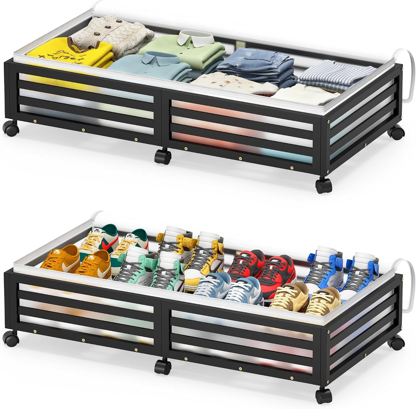 Under Bed Storage Containers With Wheels - 2 Pcs Bamboo Wood Rolling Underbed Shoe Storage Bins With Dust Bags for Clothes Blankets, Duvet Covers Snacks Toys (Natural)