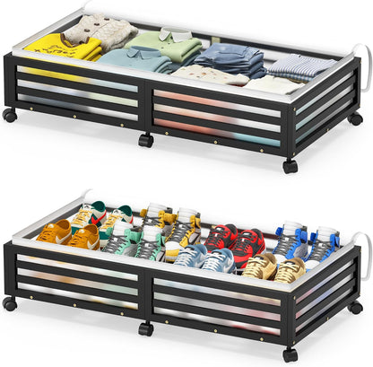 Under Bed Storage Containers With Wheels - 2 Pcs Bamboo Wood Rolling Underbed Shoe Storage Bins With Dust Bags for Clothes Blankets, Duvet Covers Snacks Toys (Natural)