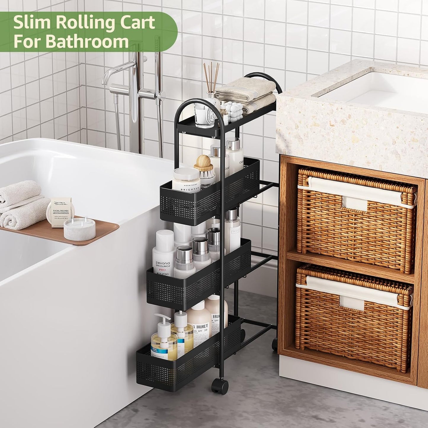 KINGRACK Slim Storage Cart with Drawer, 5-Tier Rolling Utility Cart on Wheels, Narrow Metal Cart for Space Save, Easy Assembly for Kitchen Cart, Craft Cart, Laundry, Bathroom, Nursery Organizer