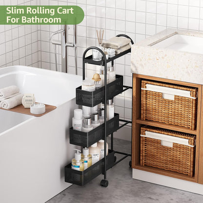 KINGRACK Slim Storage Cart with Drawer, 5-Tier Rolling Utility Cart on Wheels, Narrow Metal Cart for Space Save, Easy Assembly for Kitchen Cart, Craft Cart, Laundry, Bathroom, Nursery Organizer