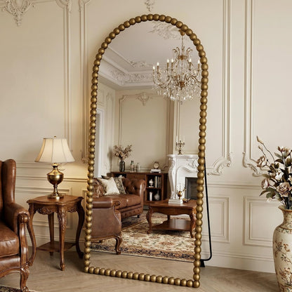 Antok 58" x 21" Arched Full Length Mirror, Antique Beaded Frame Floor Standing or Wall Mounted Mirror with Stand for Bedroom, Entryway, Brown, Luxury Style