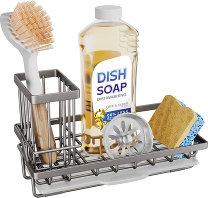 SWTYMIKI Sink Caddy Sponge Holder - Kitchen Sink Organizer with High Brush Holder for Countertop to Hold Dish Soaps and Sponges, Stainless Steel, Black