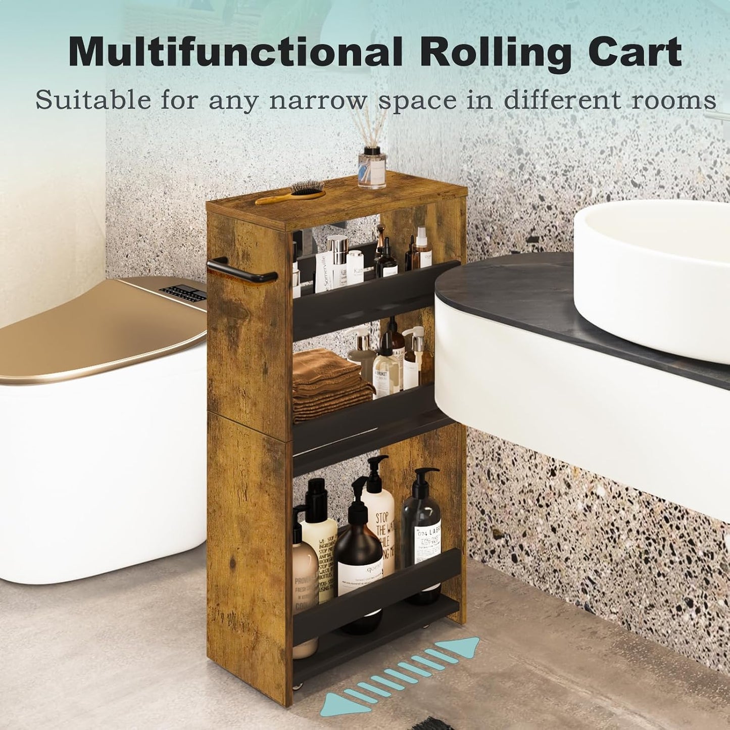 MARTY Slim Rolling Storage Cart 4-Tier Kitchen Cart with Wheels, Laundry Room Storage with Handle Slide Out Utility Cart Shelving Unit Organizer Trolley for Narrow Places Bathroom Small Corner, Black