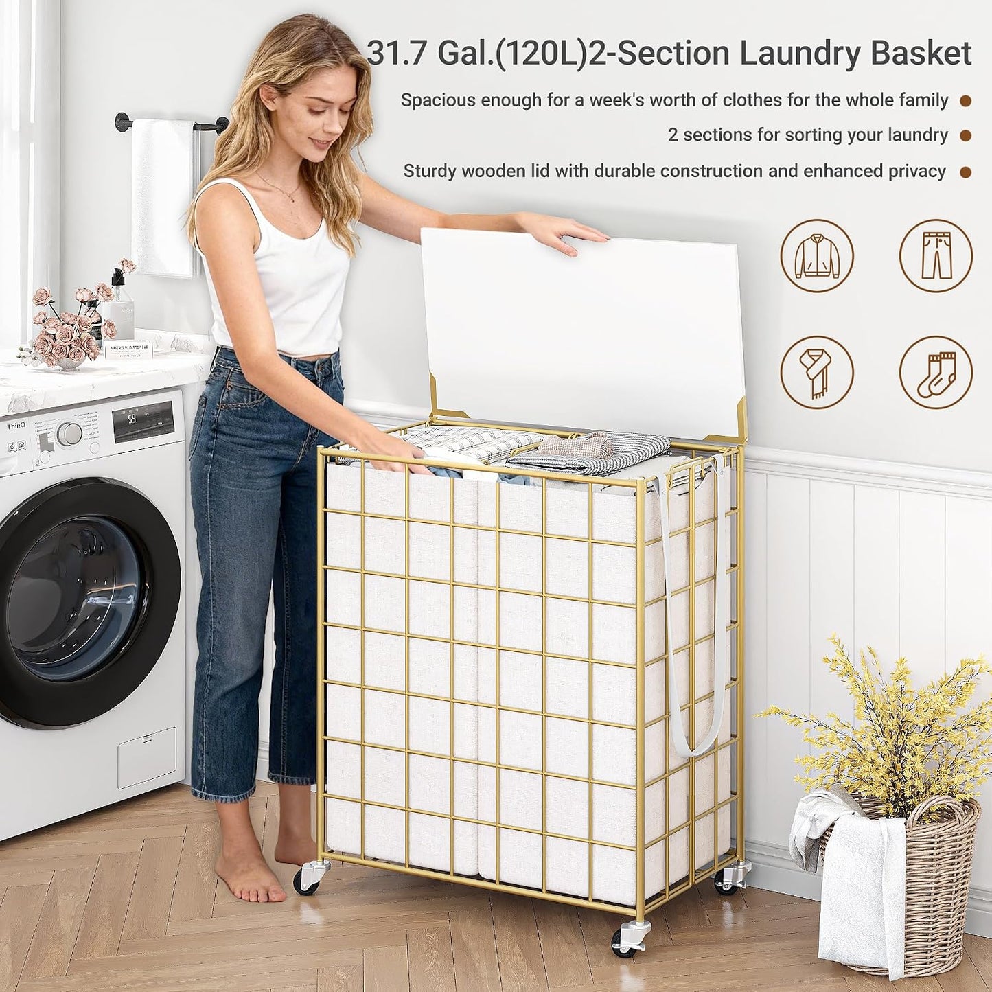 Laundry Basket with Wheels, Heavy Duty Laundry Sorter 2 Sections, 120L (32Gal.) Large Capacity Laundry Hamper with Wood Lid, 360 Rolling Wheels, Extra Side Pocket, Leather Pull Handle, Beige