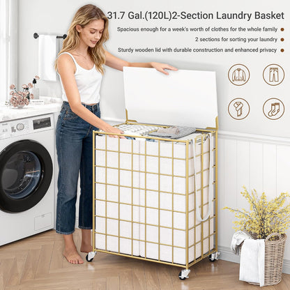 Laundry Basket with Wheels, Heavy Duty Laundry Sorter 2 Sections, 120L (32Gal.) Large Capacity Laundry Hamper with Wood Lid, 360 Rolling Wheels, Extra Side Pocket, Leather Pull Handle, Beige